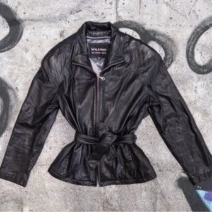 Wilsons Black Leather Zip-Up Belted Moto Jacket Size XS